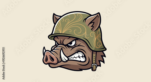 Cartoon boar head wearing military helmet illustration isolated design