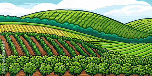 Cartoon illustration of rolling green hills fields and cultivated crops