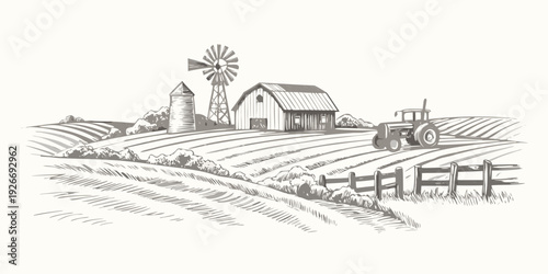 Vintage farm scene with barn windmill and tractor in a field