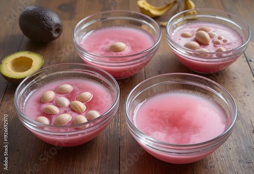 Freshly prepared pink fruit and seed garnished desserts in small bowls on a wooden surface. avocado dye