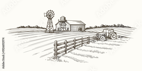 Vintage farm scene depicting a windmill barn tractor and rolling hills