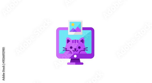 Cartoon cat and image on computer screen isolated on white background