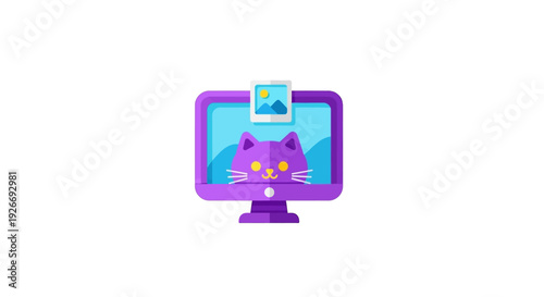 Cartoon cat and computer screen illustration on white background
