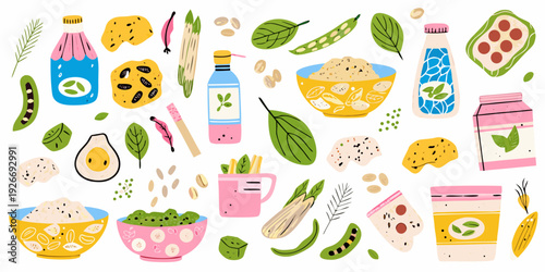 Colorful illustration featuring various healthy foods and beverage items