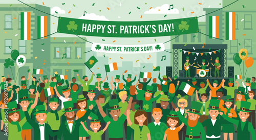 Cheerful group of diverse people celebrating St. Patrick's Day with a band playing on stage and confetti falling over a festive city street, depicted in a vibrant flat design illustration