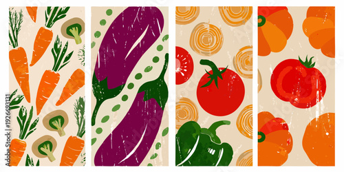 A vibrant collection of illustrated vegetables arranged in vertical panels