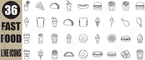 Fast food line icons, burger, pizza, ice cream, drink, dessert eps 10
