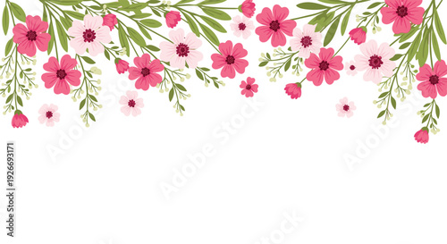 A decorative floral border featuring pink and white blossoms with green leaves hangs from the top of a white background in a flat vector illustration.