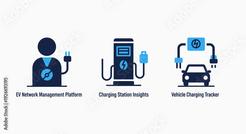 Electric Vehicle (EV) icons: Network Management, Charging Station Insights, and Vehicle Charging Tracker for e-mobility.