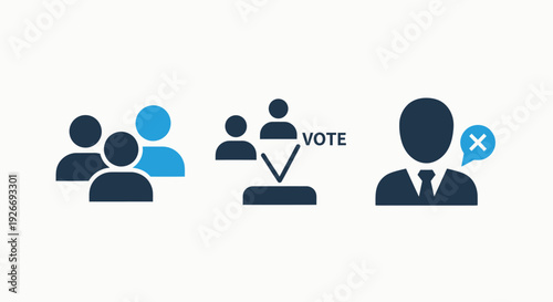 Icons Representing Voting Process, Group Participation, and Disqualification, Symbolizing Election and Civic Engagement