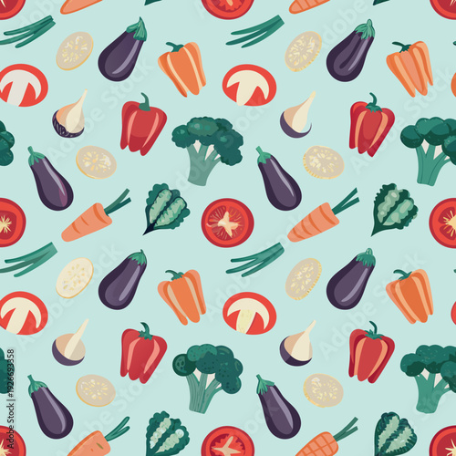 A seamless pattern of colorful vegetables on a light blue background
