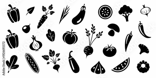 Black and white silhouette collection of various fresh vegetables and produce
