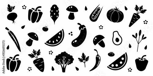 Collection of black silhouette vegetables and fruits on a white background