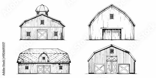 Four sketched barn illustrations depicting different architectural styles