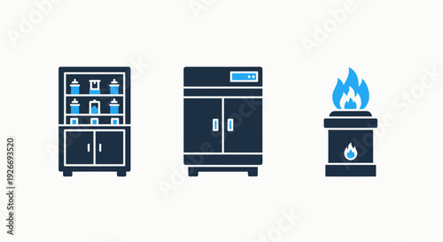 Set of minimalist icons: a display cabinet with bottles, a modern refrigerator, and a freestanding fireplace with flames.