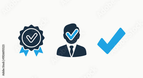 Collection of icons representing approval, quality, and success: a badge, a person with a checkmark, and a checkmark symbol.