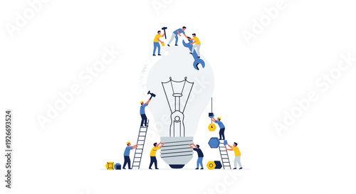 Tiny workers in blue and yellow uniforms use tools and ladders to construct a large light bulb in a flat vector illustration on a white background.