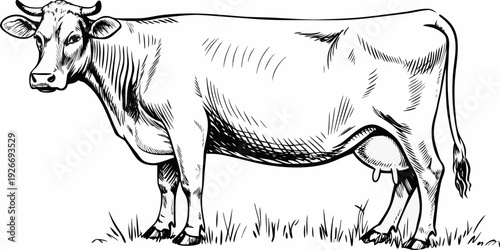 Detailed line drawing of a cow standing in a grassy field