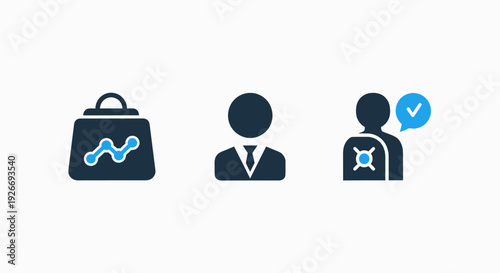 Icons representing shopping bag with analytics, a businessman, and a target group with a checkmark, symbolizing market analysis and targeted customers.