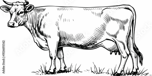 Detailed sketch of a cow standing in a grassy field