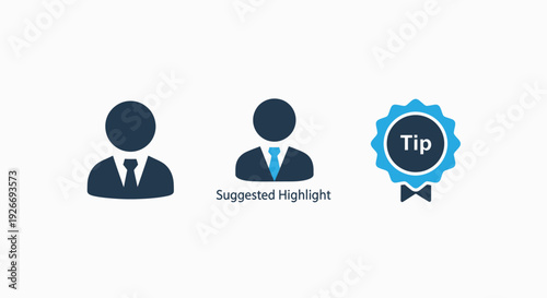 Business icons representing a user profile, suggested highlight, and a tip badge, designed in a clean, professional, and modern flat style.