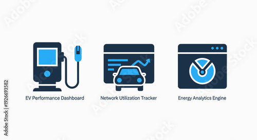 Electric vehicle charging station, car network usage tracker, and energy analytics engine icons with modern flat design and blue-white color scheme.