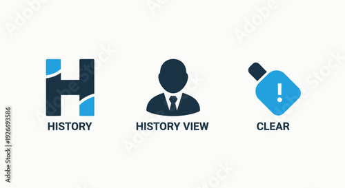 History icon with letter H, user history view, and a clear button with exclamation mark, representing data logs and management.