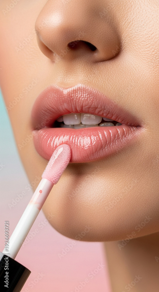 Naklejka premium Woman's Mouth with Lip Gloss Application, Clean Look