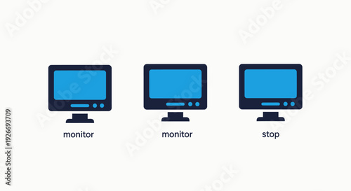 Three identical flat design computer monitors displayed in a row on a clean white background, representing technology and digital displays.