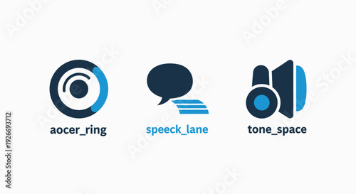 Communication and Audio Icons: Ringtone alert, speech bubble, and volume control. Sound, messaging, and tone analysis tools.