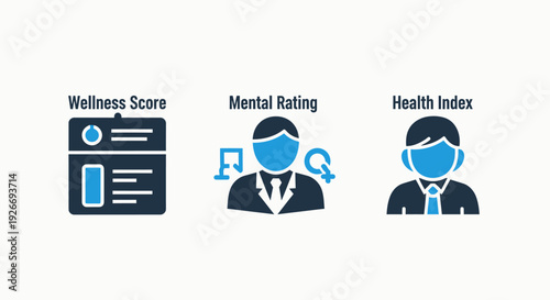 Health and Wellness Icons: Wellness score report, mental rating with gender symbols, and health index profile. Personal wellbeing and HR analytics.