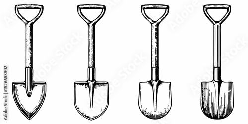Vintage illustration of four different shaped gardening hand shovels