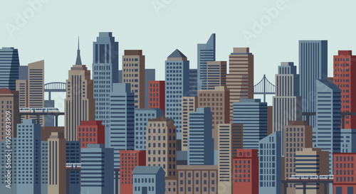 Dense urban cityscape illustration with skyscrapers, buildings, bridges, and elevated trains in a muted color palette, creating a seamless panoramic metropolitan background