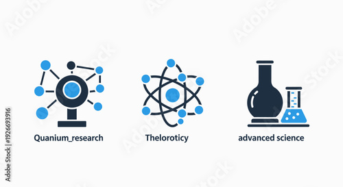 Scientific icons symbolizing quantum research, theoretical physics, and advanced science, featuring atom models and laboratory equipment for innovation and discovery.