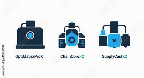 Technology icons for advanced machinery, automation, and logistics, including futuristic device symbols for optimization, chain management, and supply chain solutions.