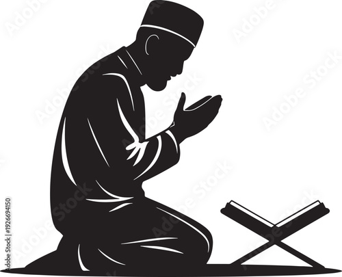 Silhouette of a Muslim man in prayer wearing a kufi cap and traditional attire kneeling before an open Quran on a stand