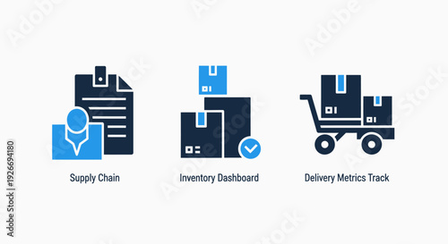 Logistics and supply chain icons: document with pin, inventory boxes, and delivery cart, tracking goods and services.