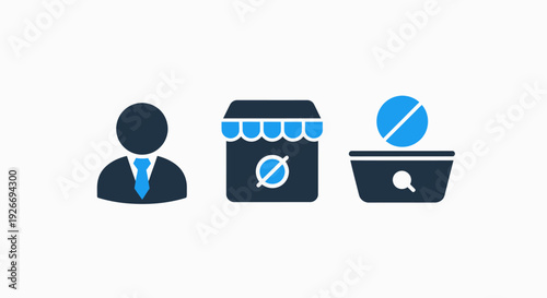 Icons for a person, closed shop, and search basket. Representing individual services, business closure, and online shopping or product discovery in a minimalist style.