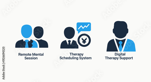 Online therapy icons: remote session, scheduling system with currency, and digital support for mental health