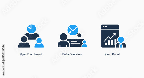 Business Dashboard Icons: Syncing Data, Team Overview, and Performance Tracking