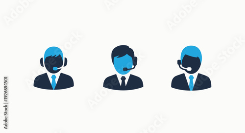 Customer support and call center icons featuring three agents with headsets, symbolizing service, communication, and technical assistance.