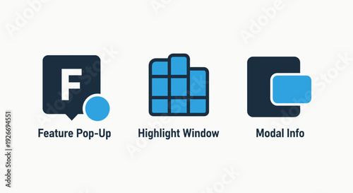 UI interface icons: feature pop-up, highlight window, and modal info, for web design and user experience elements.