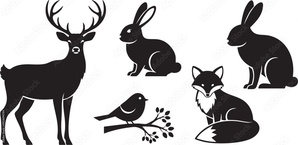 Obraz premium A set of vector silhouettes and cartoon illustrations of cute rabbits and wild hares featuring long ears and nature inspired animal designs for Easter art