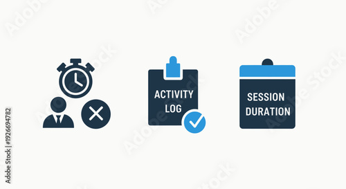 Set of modern flat icons illustrating activity logs, session duration tracking, and user activity monitoring, ideal for data analysis and performance management.