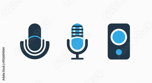 Collection of Modern and Retro Microphone and Speaker Icons in Blue and Dark Blue, Representing Audio Recording, Voice Input, and Sound Playback Technology.
