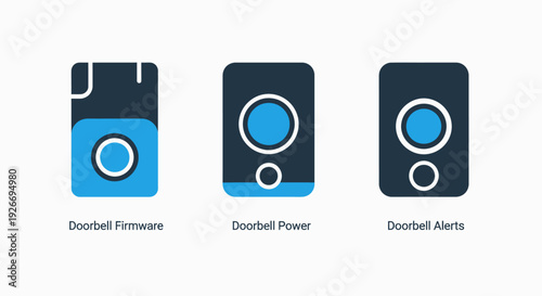 Smart Doorbell System Icons Depicting Firmware Updates, Power Management, and Security Alerts for Modern Home Automation and Internet of Things Devices.
