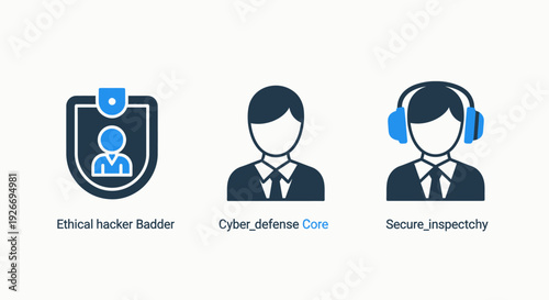 Cybersecurity Professional Icons Illustrating Ethical Hacking, Cyber Defense Operations, and Secure Inspection Roles in IT and Data Protection.
