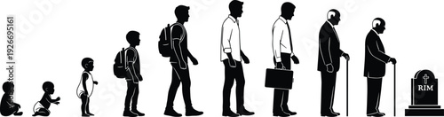 Black silhouette collection showing human life cycle stages from a baby and student to a professional senior man and gravestone