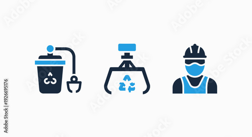 Recycling and Waste Management Icons with Worker and Collection Systems for Environmental Sustainability