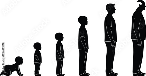 Black silhouette collection showing the human life cycle growth stages of a male from crawling baby to senior elderly man